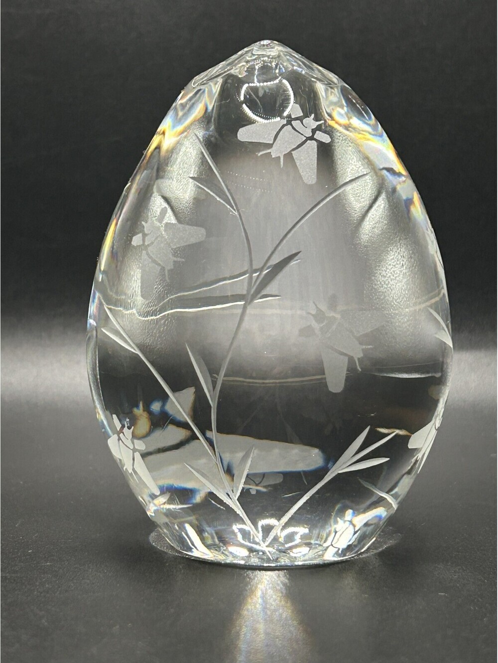 Vintage Crystal Godinger Etched Egg Paperweight, Bee / Fly Motif Poland 1990’s